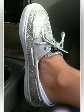 Sperry Glitter Deck Shoes in Silver and Cream
